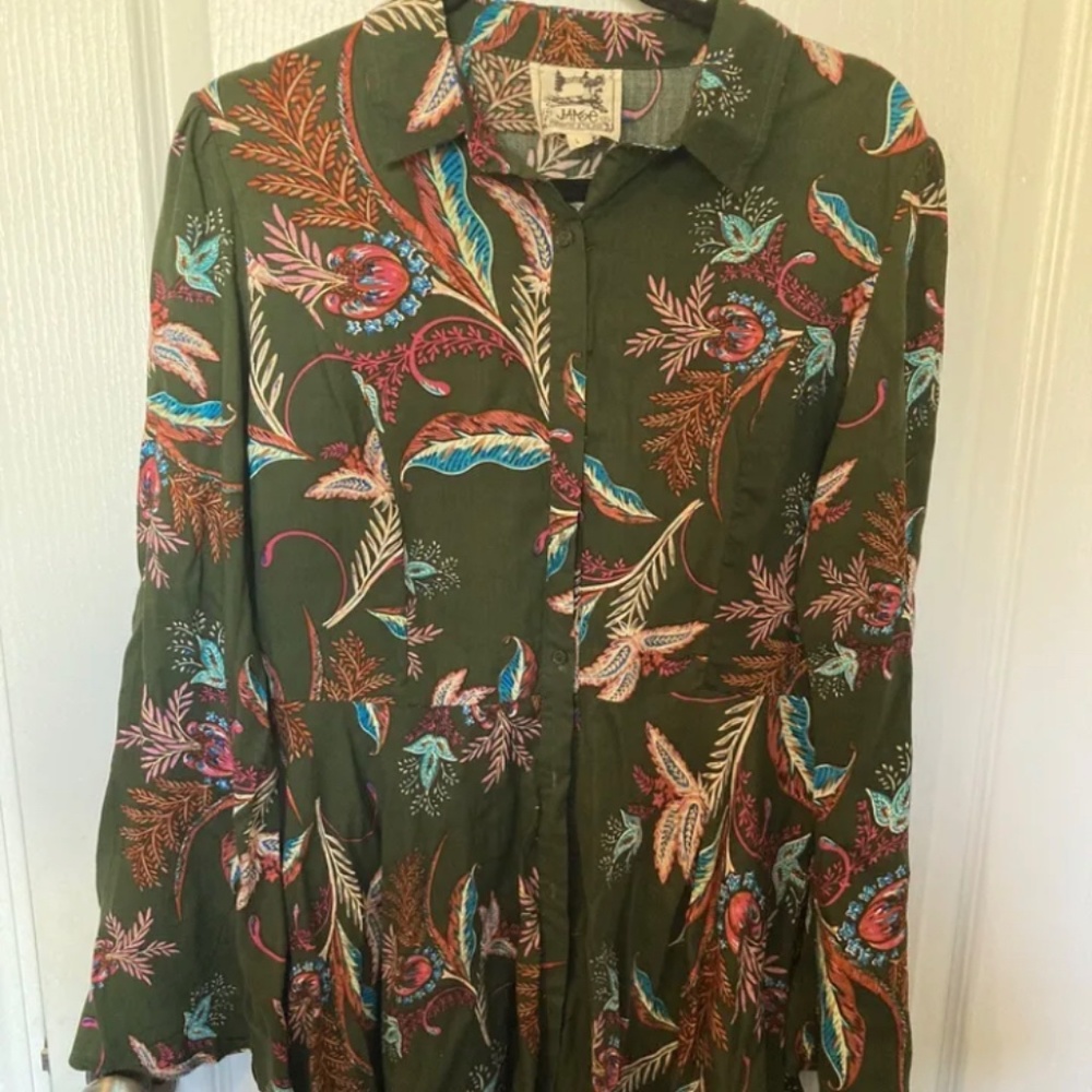 Jaase Handcrafted Green Dress Large Floral Boho Print With Bell Sleeves